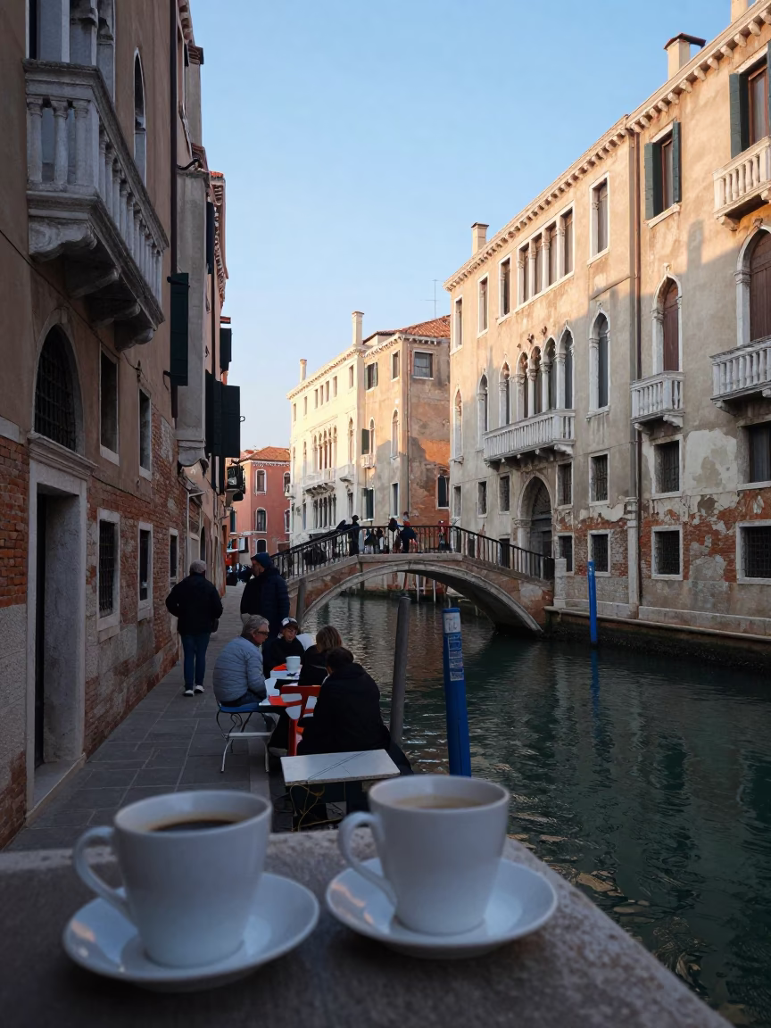 Venice Italy Morning Canal Scene with Coffee Mugs and Blue Porcelain at Sunrise in in Venice, Italy