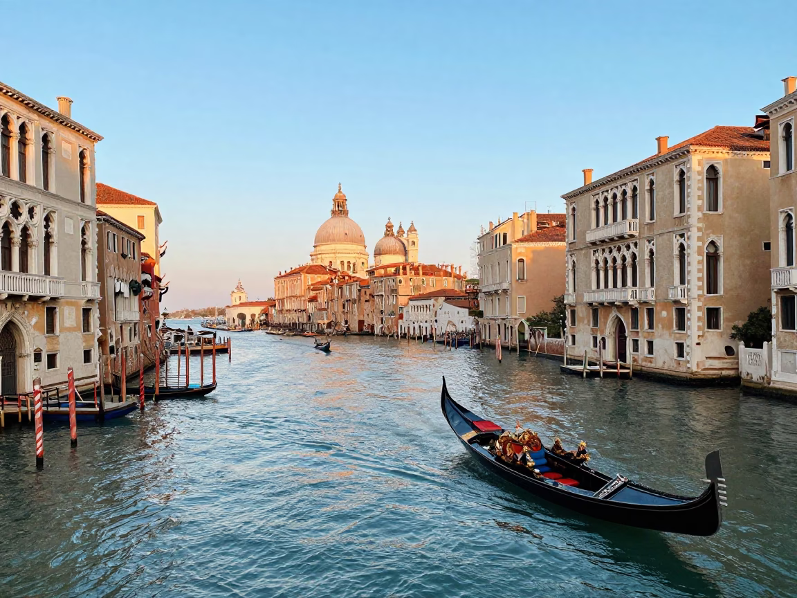 Venice Italy Morning Canal Scene with Gondola and Waterfront Buildings in in Venice, Italy