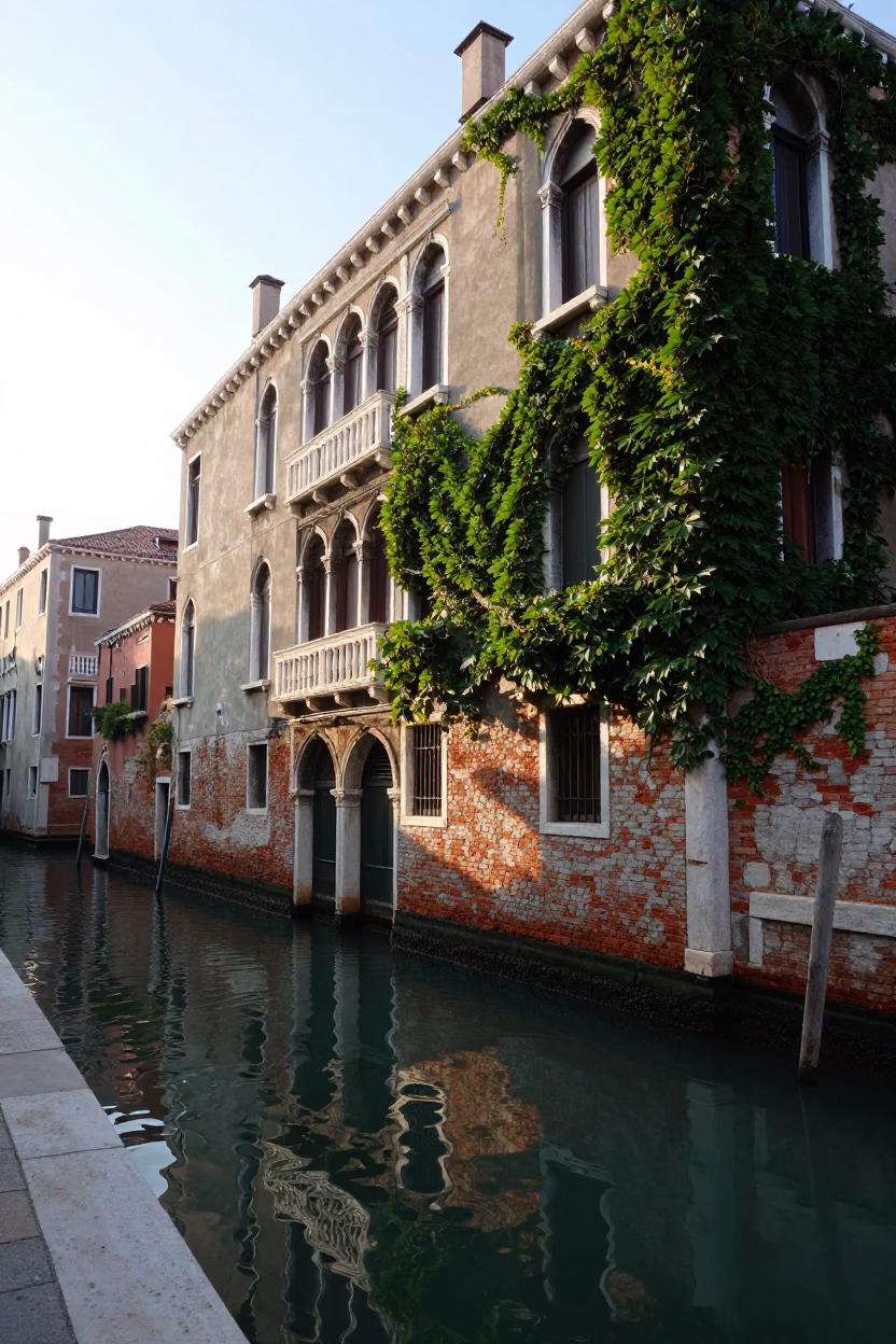 Venice Italy Morning Canal Scene with Ivy and Traditional Architecture in in Venice, Italy