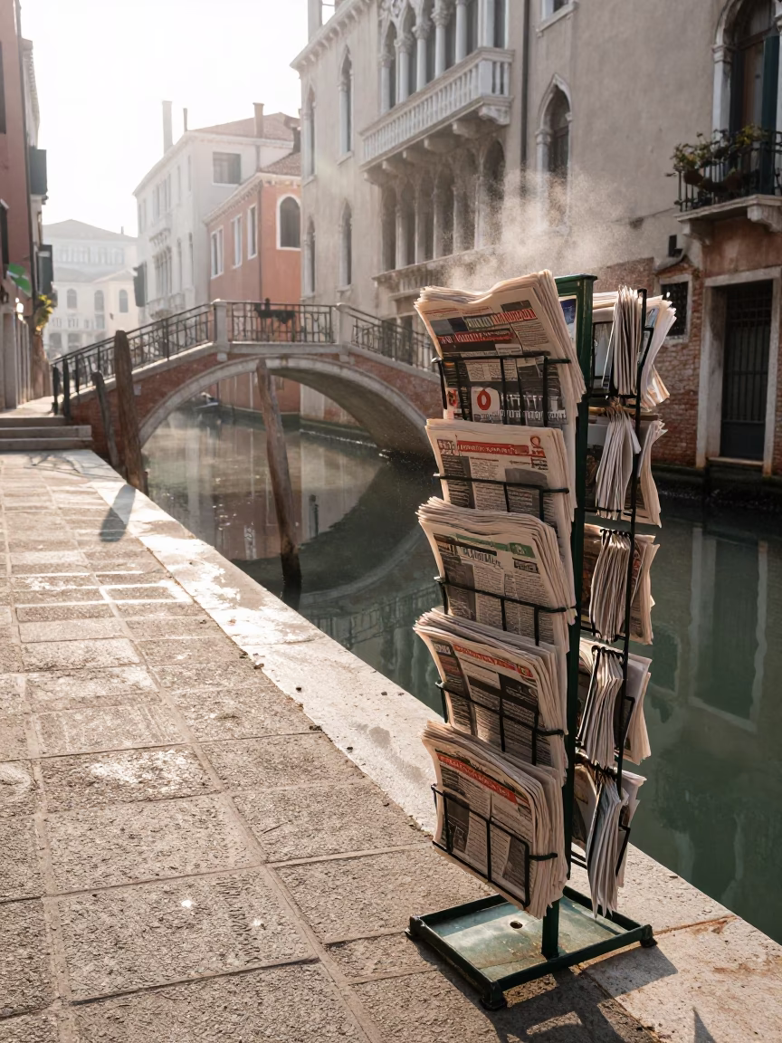 Venice Italy Morning Canal Scene with Magazine Rack and Condensation on Basin in in Venice, Italy