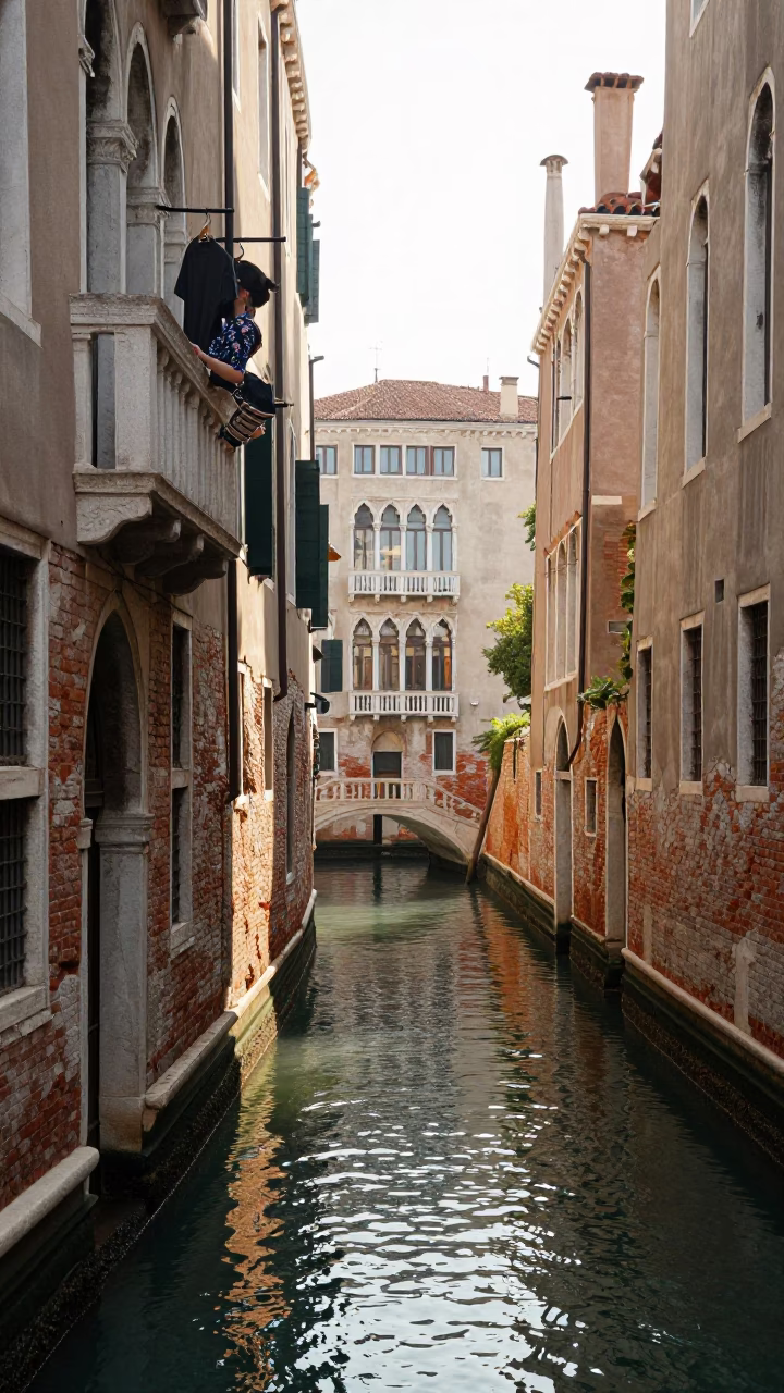 Venice Italy Morning Canal Scene with Shirt Hanger and Local Life in in Venice, Italy