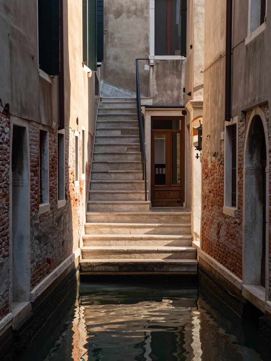Venice Italy Morning Light Staircase and Water Reflections in in Venice, Italy
