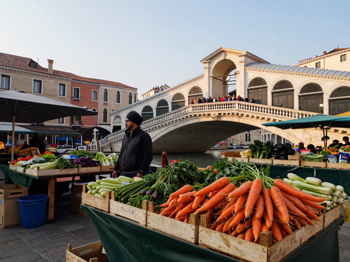 Venice Italy Morning Market Stalls with Fresh Produce and Local Commerce in in Venice, Italy