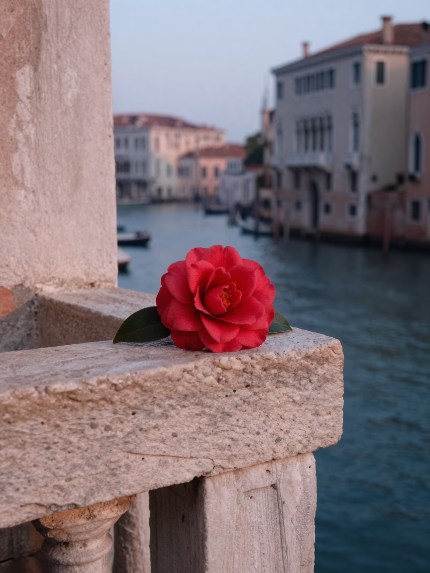 Venice Italy Nautical Dawn Camellia Flower on Historic Stone Balcony in in Venice, Italy