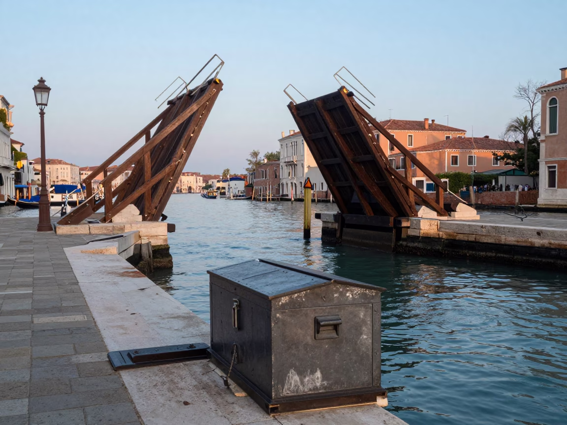 Venice Italy Nautical Dawn Canal Lockbox and Drawbridge Scene in in Venice, Italy