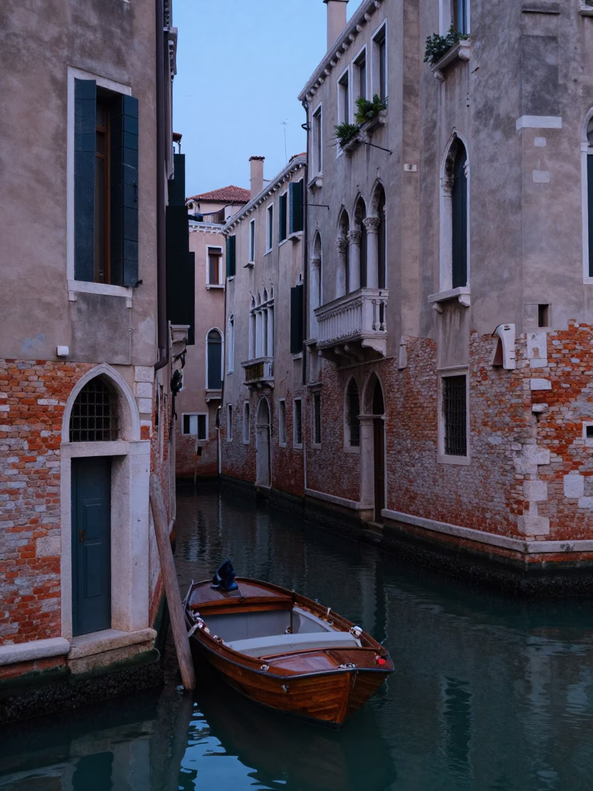 Venice Italy Nautical Dawn Canal Scene with Brick Architecture and Water Reflections in in Venice, Italy
