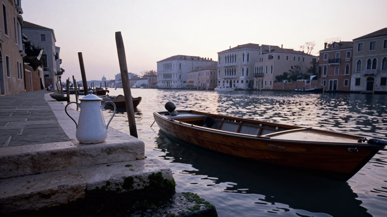 Venice Italy Nautical Dawn Canal Scene with Enamel Pitcher and Measuring Tape in in Venice, Italy