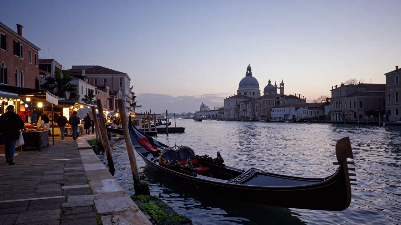 Venice Italy Nautical Dawn Canal Scene with Local Market Activity and Traditional Elements in in Venice, Italy