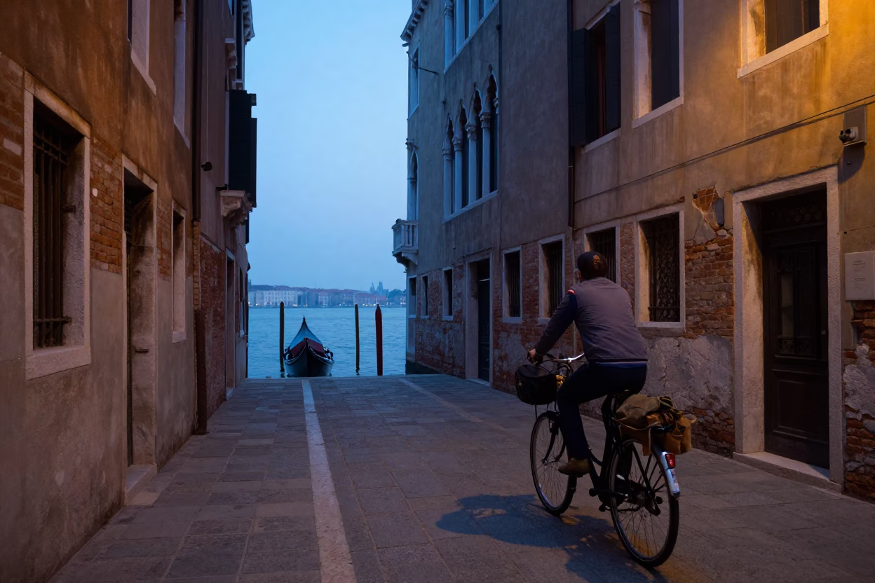 Venice Italy Nautical Dawn Street Scene with Bicycle and Waterfront Details in in Venice, Italy