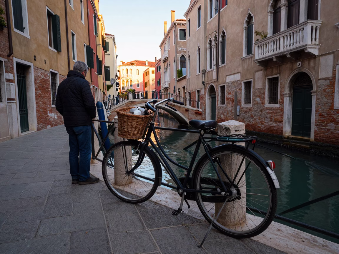 Venice Italy Nautical Dawn Street Scene with Bicycle Basket and Bar Stools in in Venice, Italy