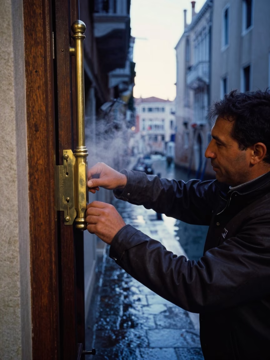 Venice Italy Nautical Dawn Street Scene with Brass Hardware and Water Ripples in in Venice, Italy