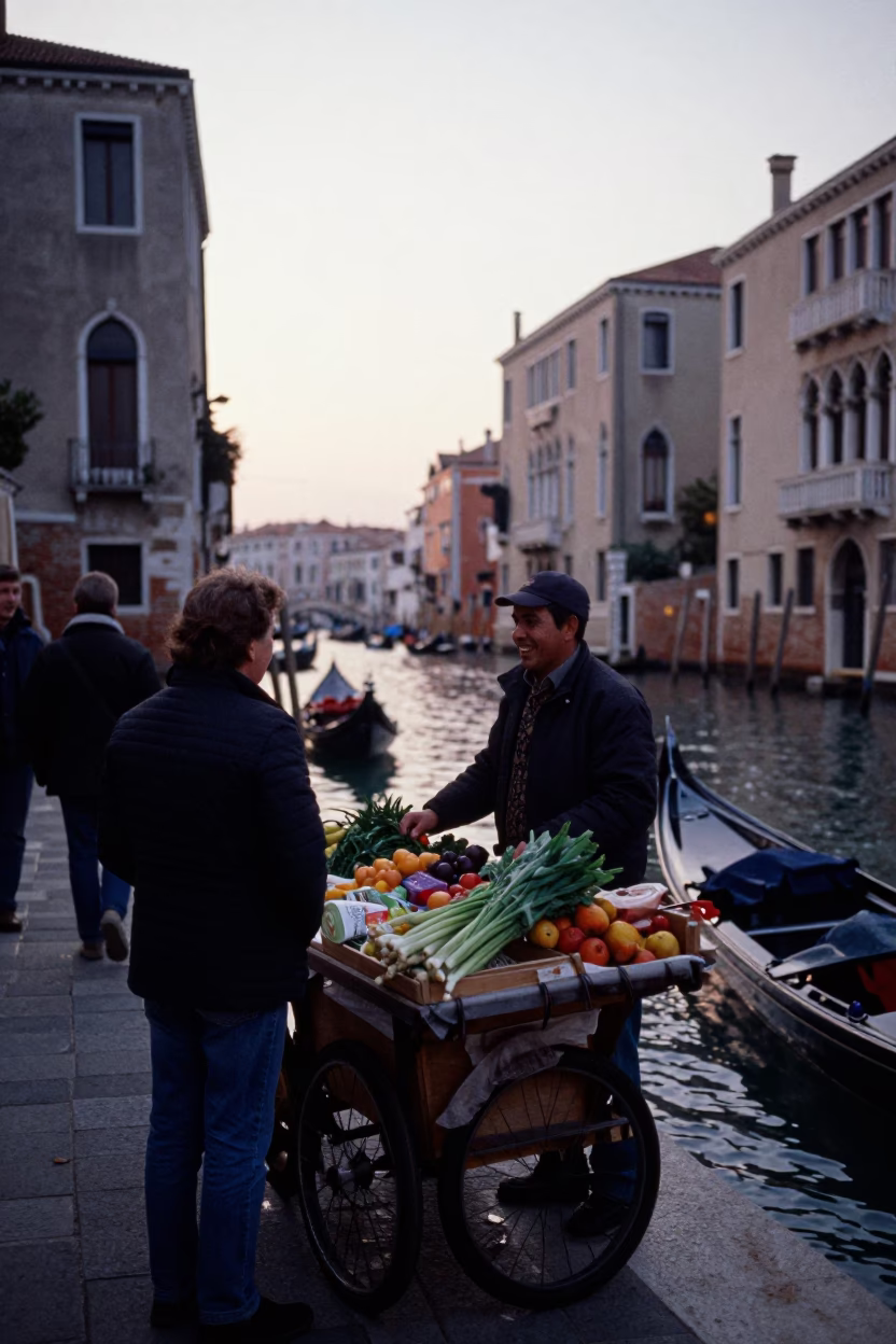 Venice Italy Nautical Dawn Street Scene with Local Vendor and Folding Stools in in Venice, Italy