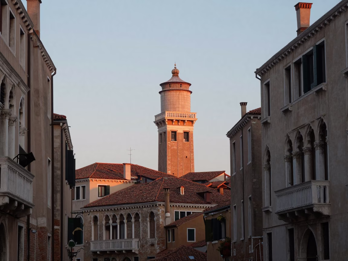 Venice Italy Nautical Dawn Street Scene with Water Tower Rooftop and Local Market Activity in in Venice, Italy