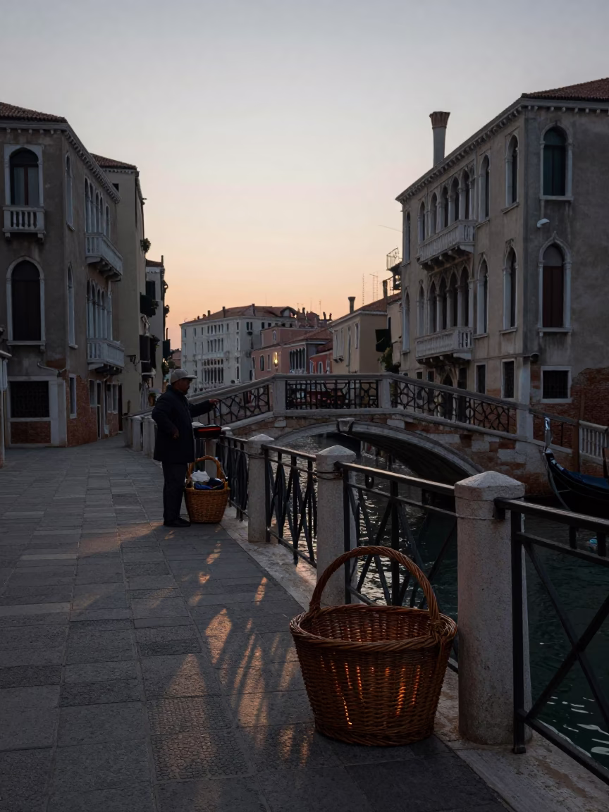 Venice Italy Nautical Dawn Street Scene with Wicker Basket on Bridge in in Venice, Italy