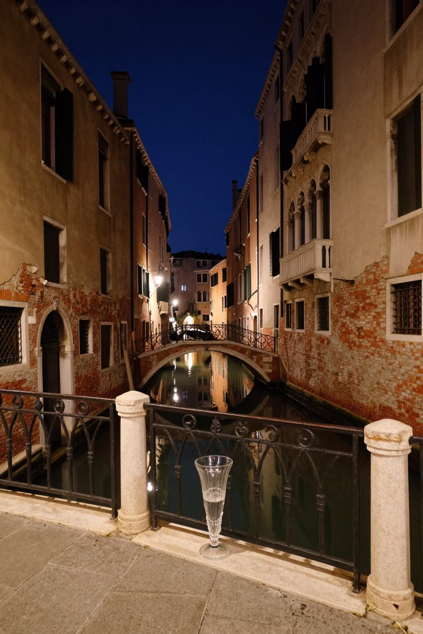 Venice Italy Night Canal Bridge Street Scene with Glass Vase and Key in in Venice, Italy