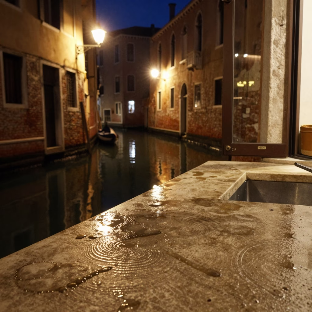 Venice Italy Night Canal Reflections and Water Ripples on Countertop in in Venice, Italy