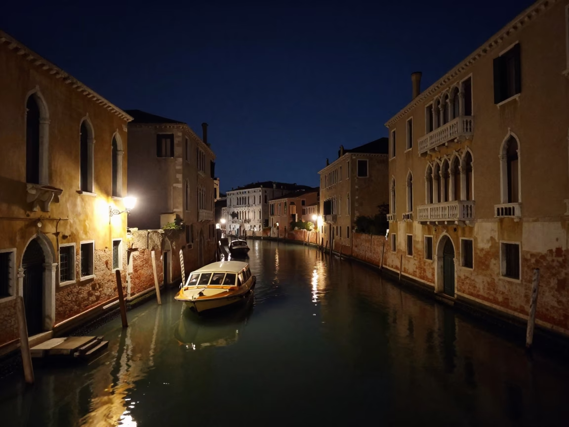 Venice Italy Night Canal Reflections with Local Water Taxi and Urban Architecture in in Venice, Italy