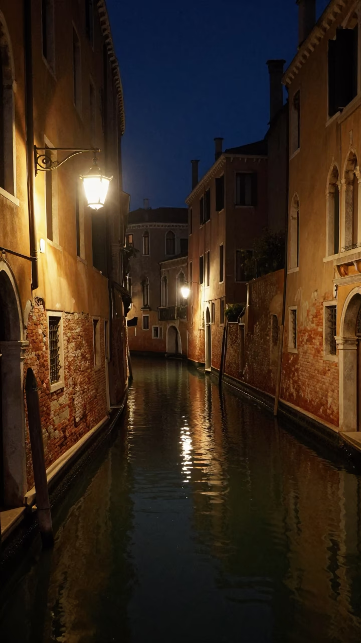Venice Italy Night Canal Scene with Lantern and Water Reflections in in Venice, Italy