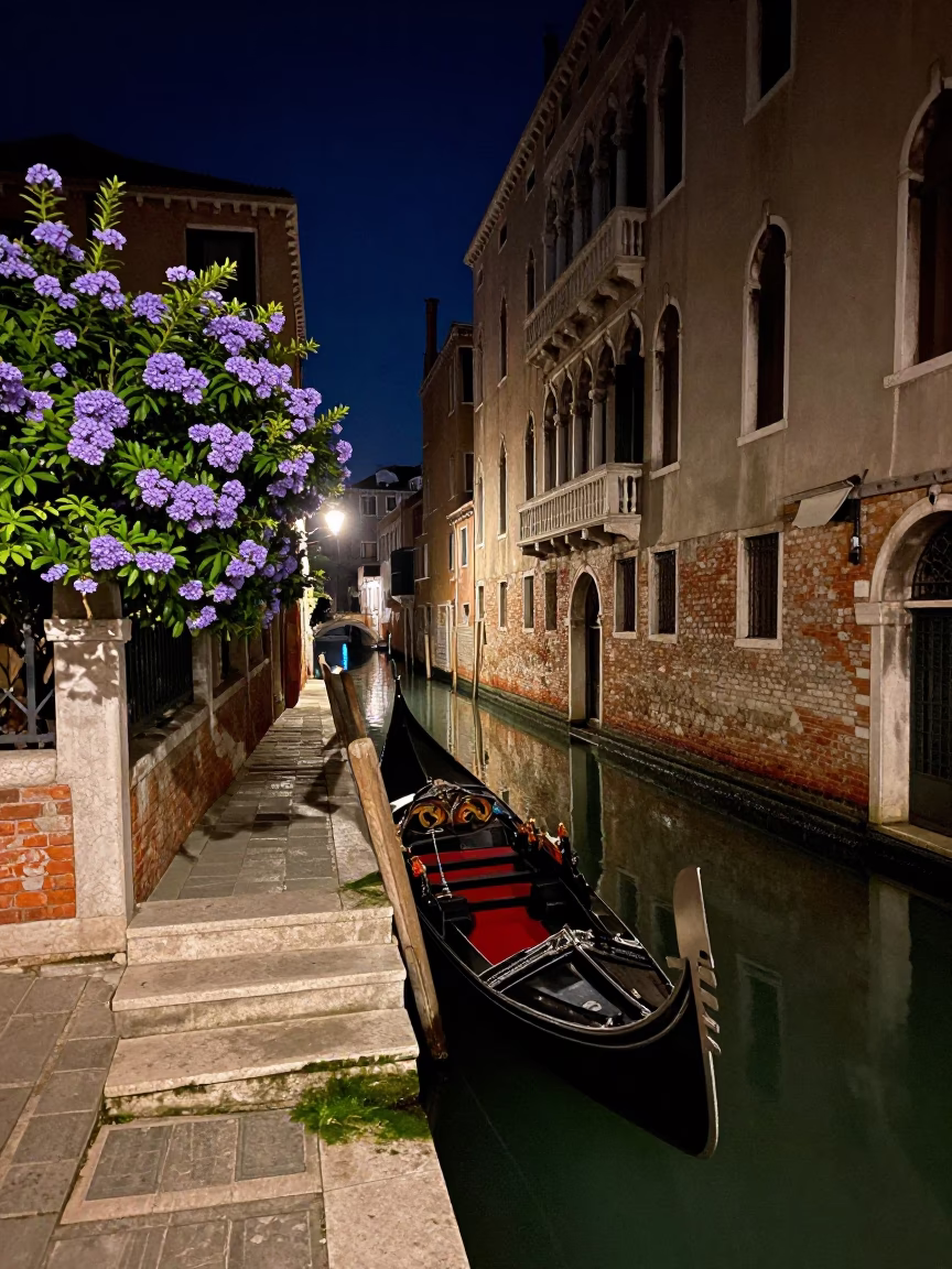 Venice Italy Night Canal Scene with Plumbago Hedge and Local Life in in Venice, Italy