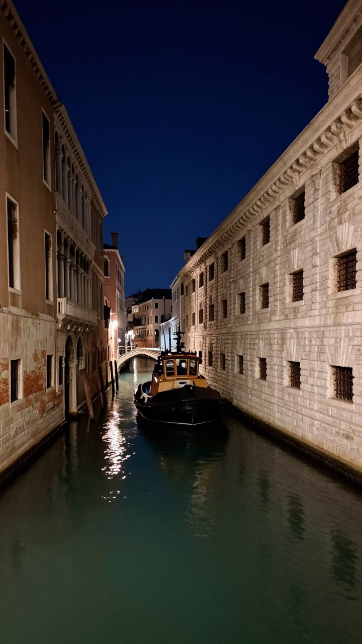 Venice Italy night canal scene with tugboat harbor activity under deep dark sky in in Venice, Italy