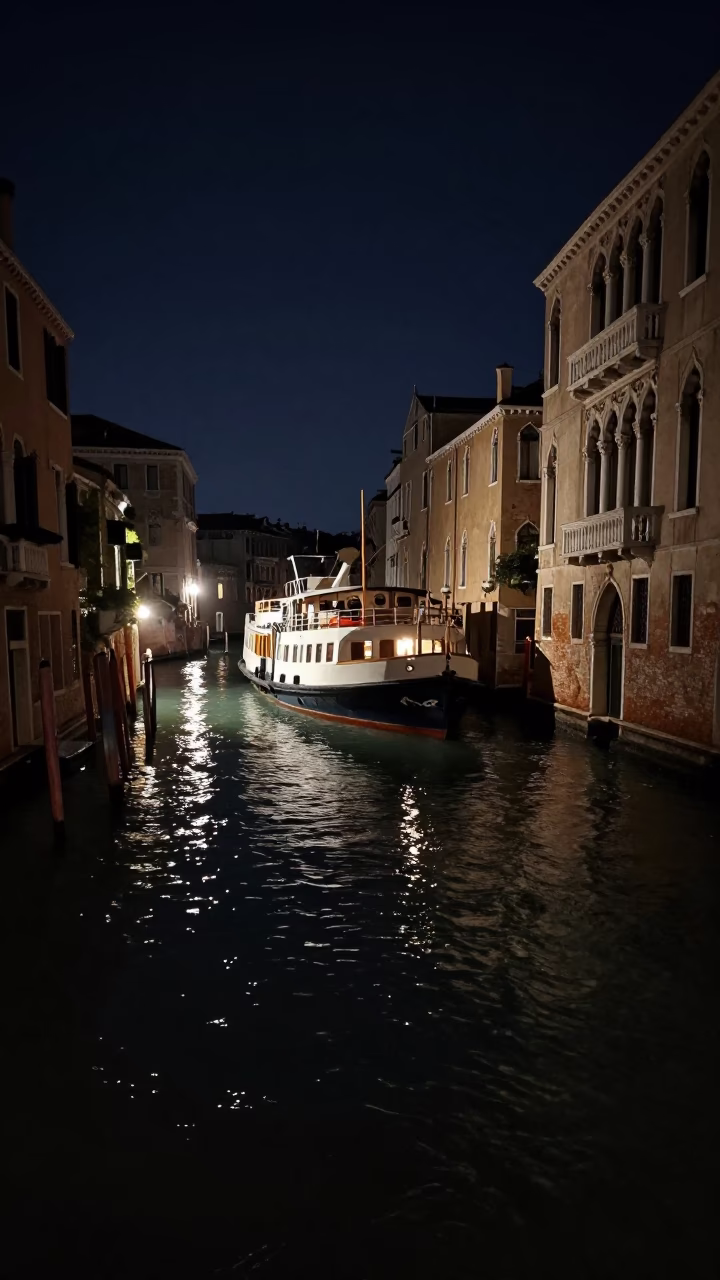 Venice Italy Night Canal Steamship Listing Swell Dark Water Reflections in in Venice, Italy