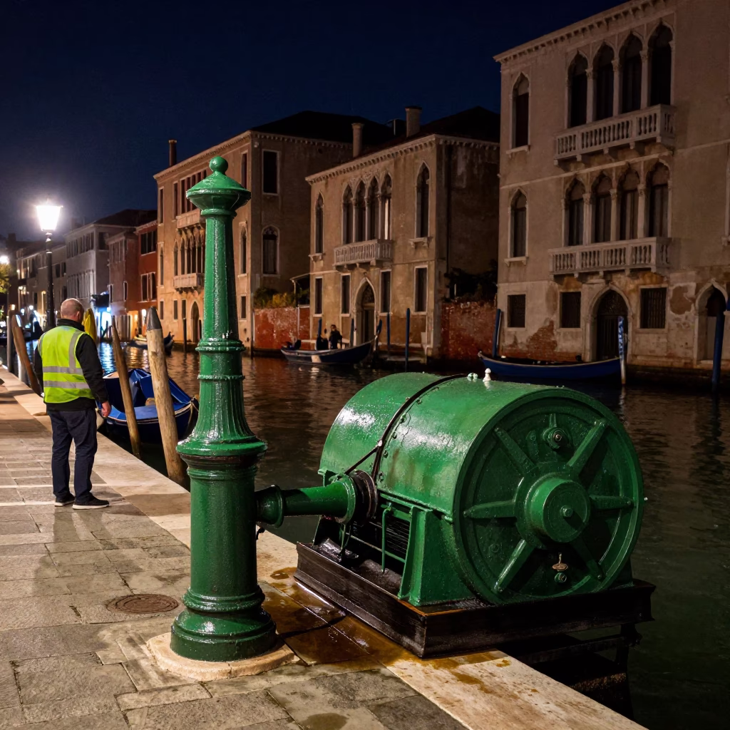 Venice Italy Night Canal Street Scene with Water Pump and Local Life in in Venice, Italy