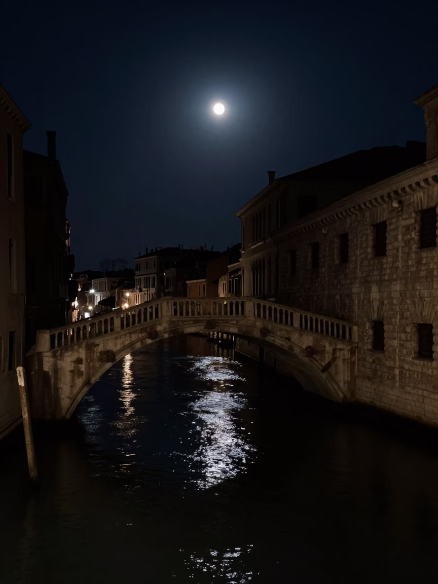 Venice Italy Night Landscape Canal Bridge Silhouette Moonlit Water Reflection in in Venice, Italy
