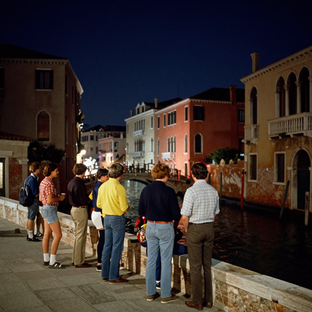 Venice Italy Night Scene With Colorful 1980s Street Life And Local Details in in Venice, Italy