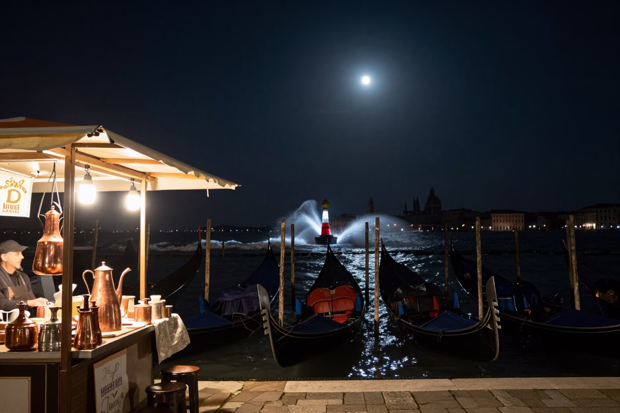 Venice Italy Night Scene with Copper Coffee Pot and Moonlit Canal Breakwater Beacon in in Venice, Italy