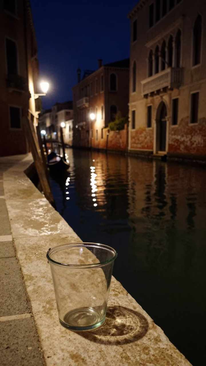 Venice Italy Night Scene with Glass Bucket and Water Reflections in in Venice, Italy