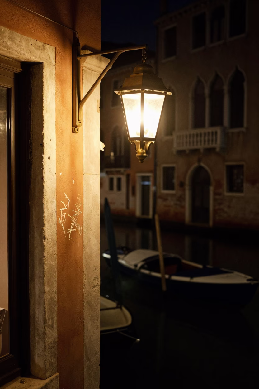 Venice Italy Night Scene with Scratched Lamp Base and Urban Shadows in in Venice, Italy