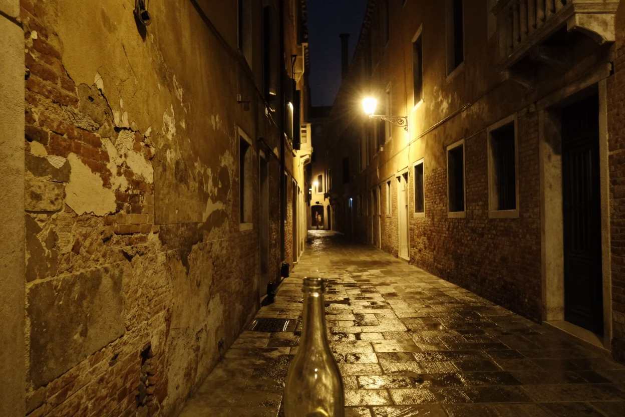 Venice Italy Night Street Scene with Clear Glass Bottle Neck and Traditional Architecture in in Venice, Italy