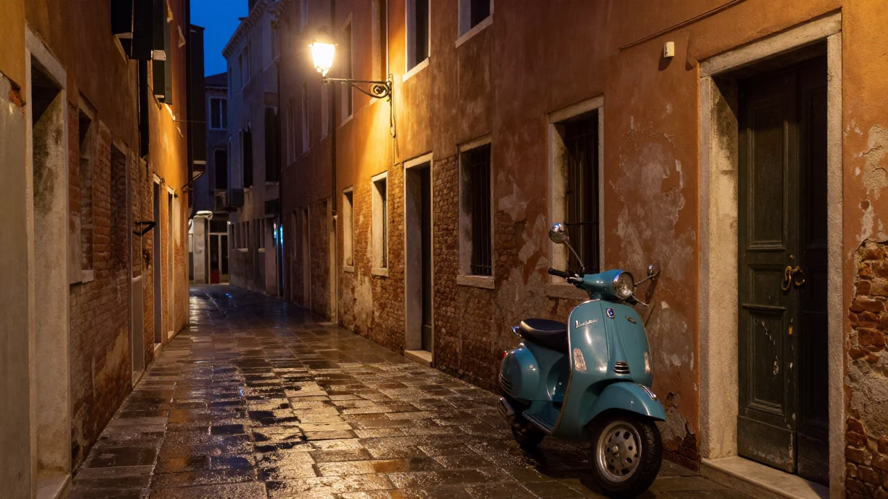 Venice Italy Night Street Scene with Colorful 1960s Aesthetic and Local Details in in Venice, Italy
