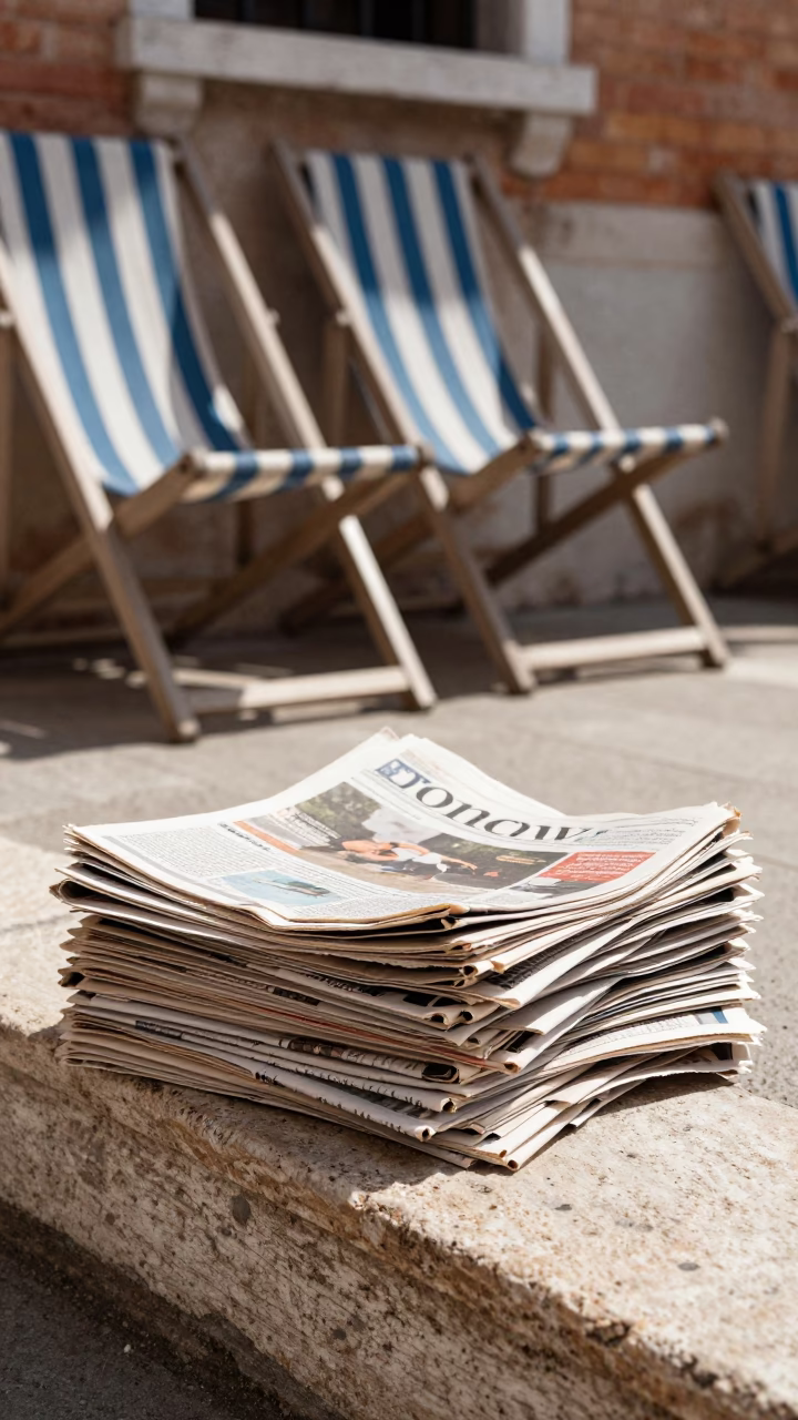 Venice Italy Noon Light Newspaper Stack and Deck Chairs Near Canalside in in Venice, Italy