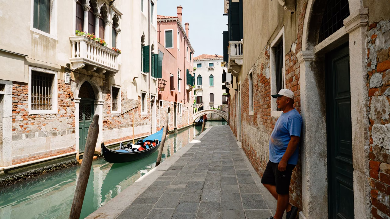 Venice Italy Noon Light Street Scene with Tourist and Local Interaction in in Venice, Italy