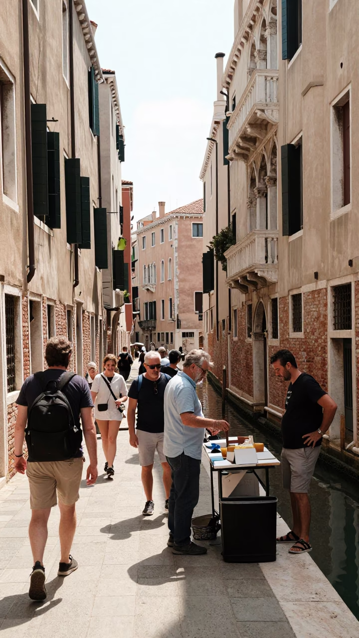 Venice Italy Noon Street Scene with Tourists and Local Life in in Venice, Italy