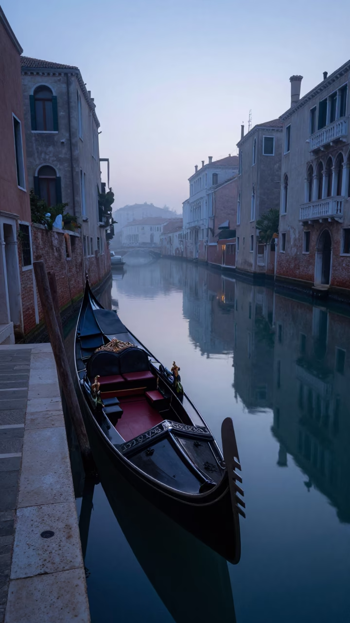 Venice Italy Pre-Dawn Canal Scene with Condensation and Quiet Morning Details in in Venice, Italy