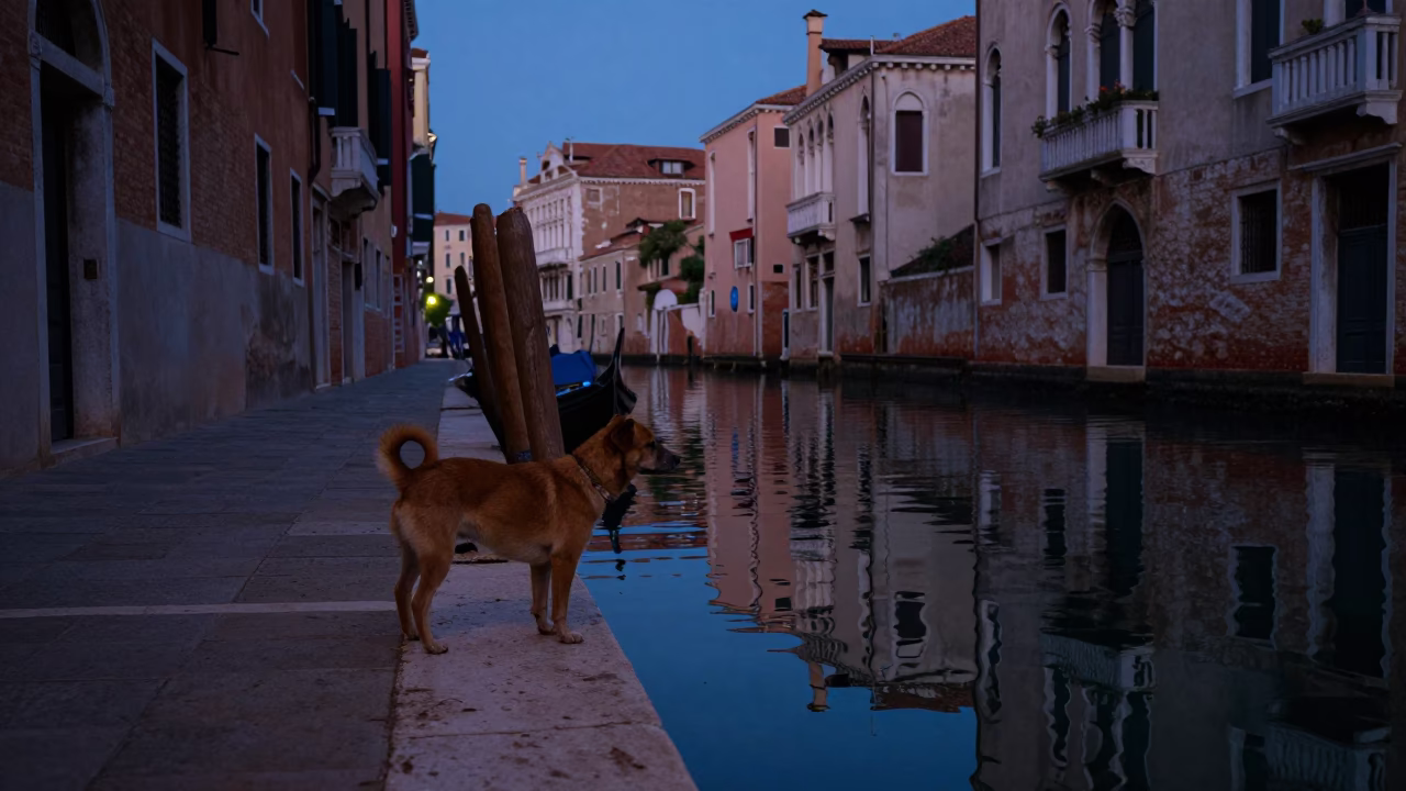Venice Italy Pre-Dawn Canal Scene with Dog and Glass Reflections in in Venice, Italy