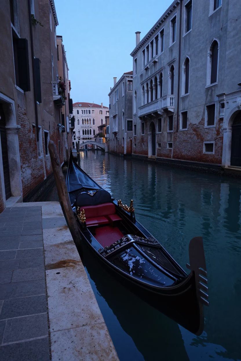Venice Italy pre-dawn canal scene with gondola and soap residue on tiles in in Venice, Italy