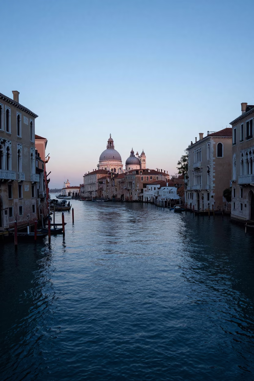 Venice Italy pre-dawn canal scene with historic architecture and water reflections in in Venice, Italy