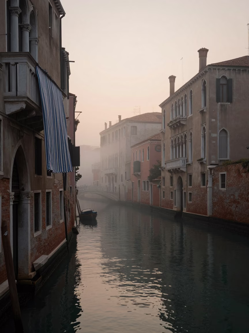 Venice Italy Pre-Dawn Canal Scene With Striped Fabric and Water Tower Mist in in Venice, Italy