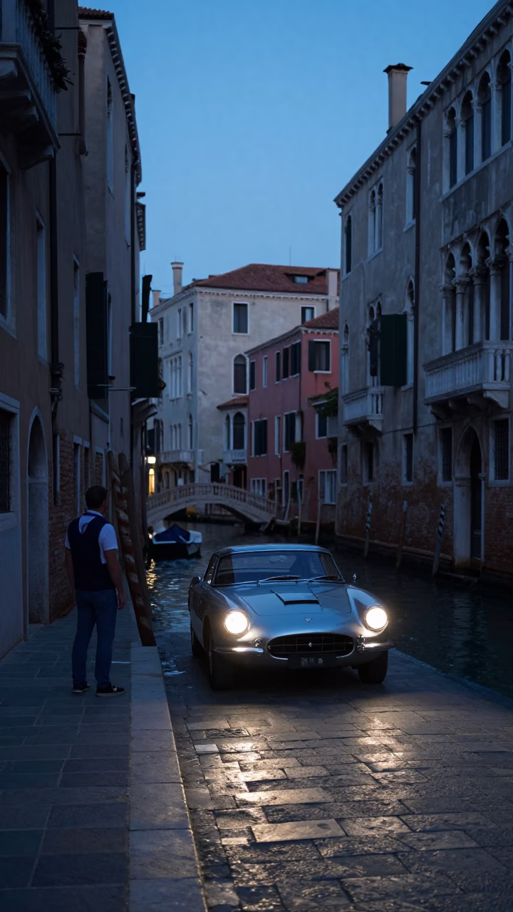 Venice Italy pre-dawn canal scene with vintage car and local keys in in Venice, Italy