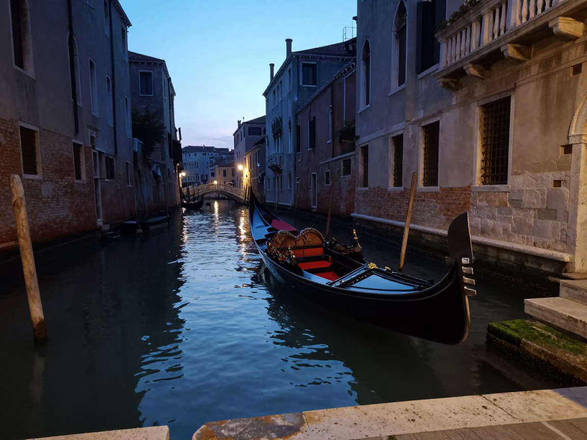 Venice Italy Pre-Dawn Canal Scene with Wooden Gondola and Historic Stone Architecture in in Venice, Italy