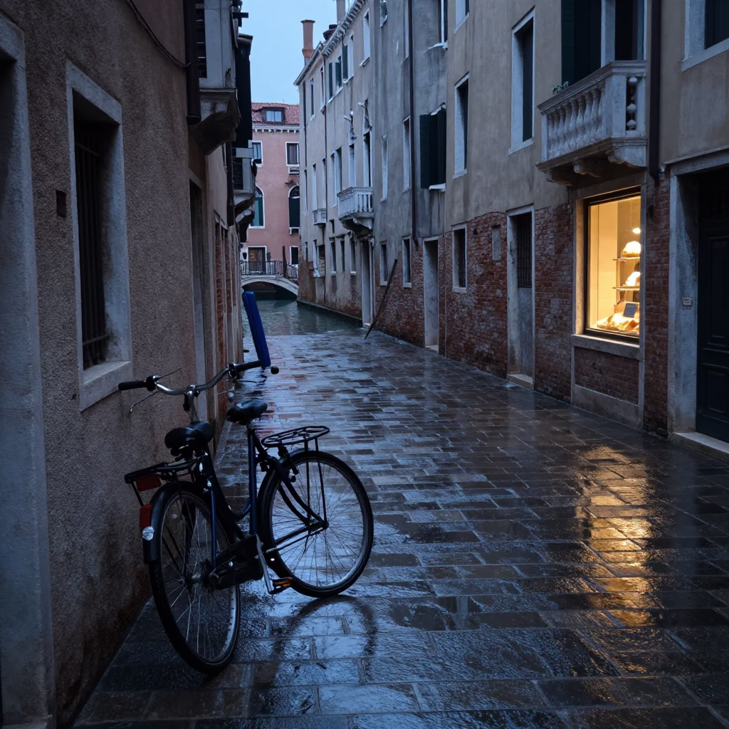 Venice Italy Pre-Dawn Canal Street Photography with Bicycle and Bakery in in Venice, Italy