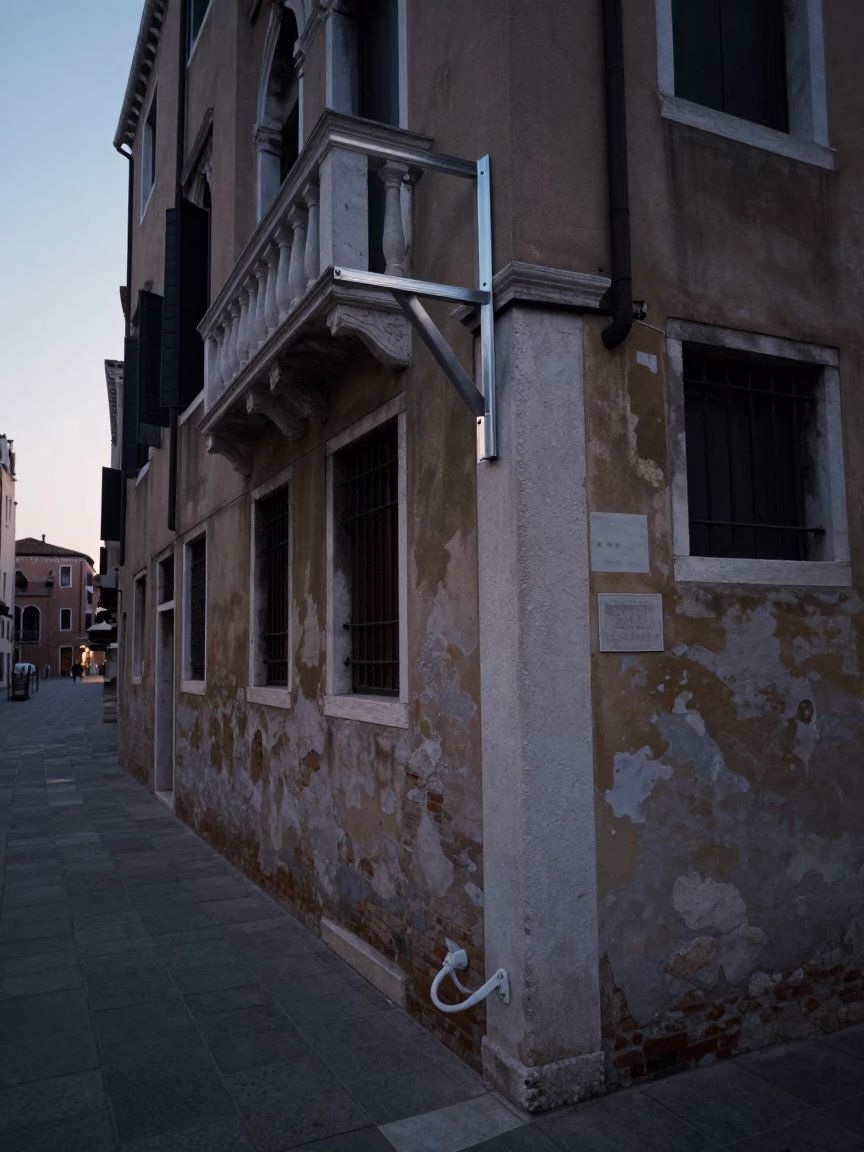 Venice Italy Pre-Dawn Street Scene with Brushed Steel Shelf Bracket in in Venice, Italy