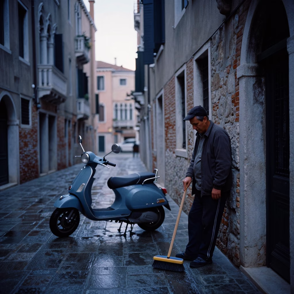 Venice Italy Pre-Dawn Street Scene with Scooter and Brush in in Venice, Italy