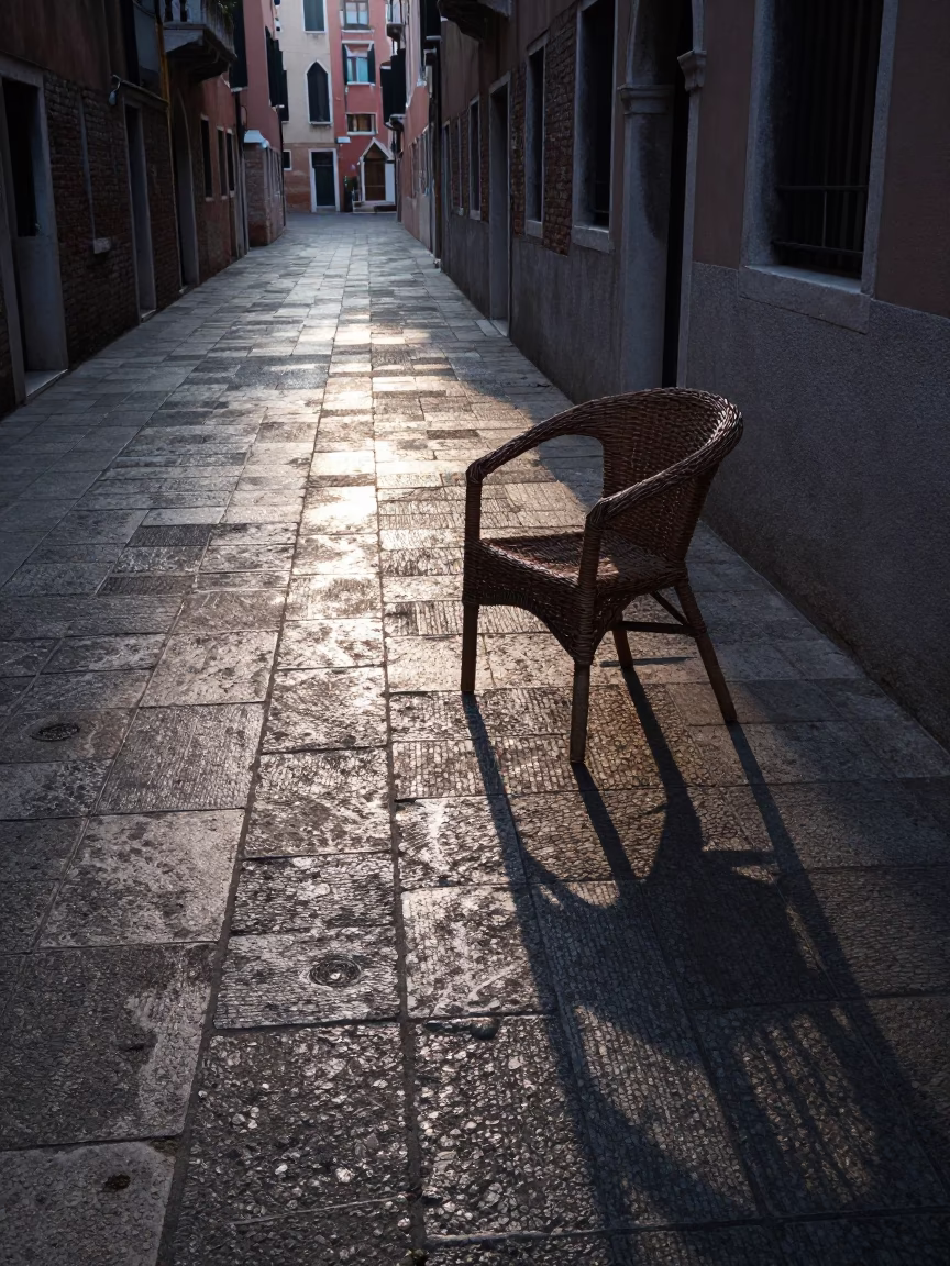 Venice Italy Pre-Dawn Street Scene with Wicker Shadow on Tile Grout in in Venice, Italy