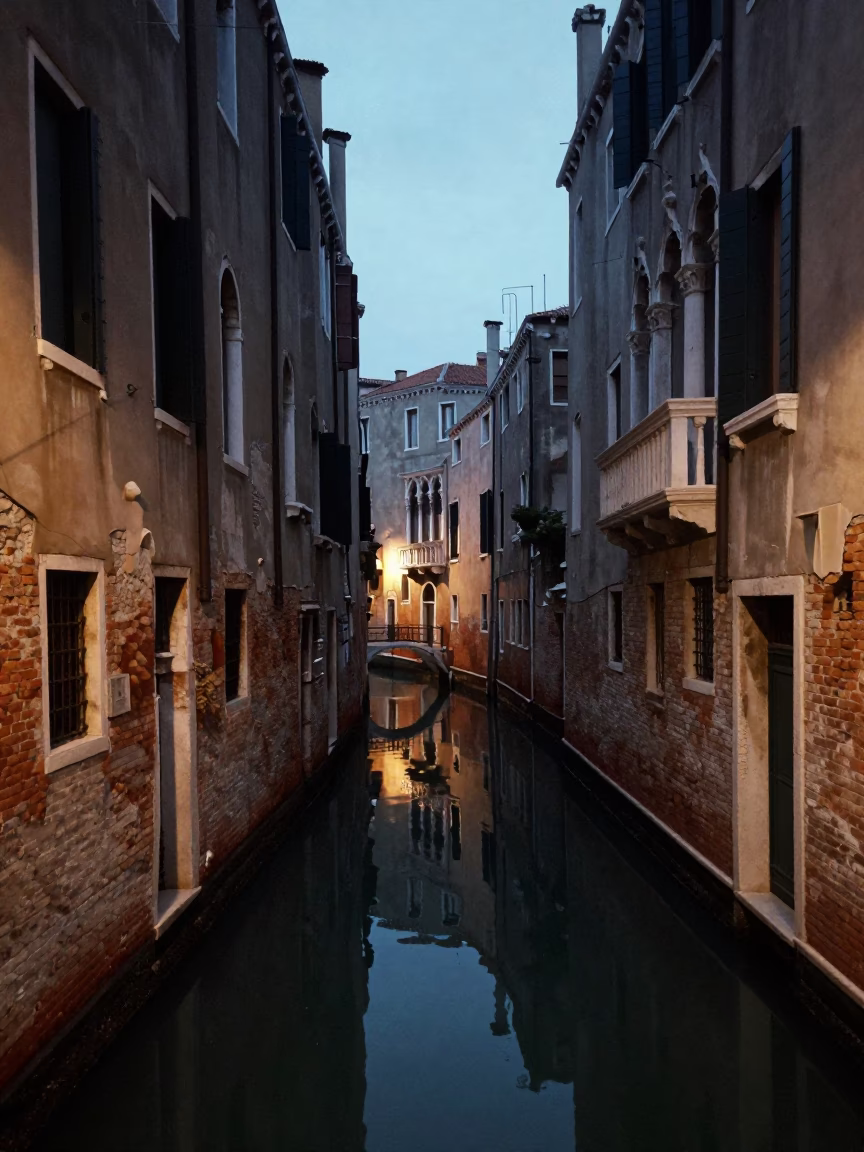 Venice Italy Predawn Canal Reflections and Quiet Stone Architecture in in Venice, Italy
