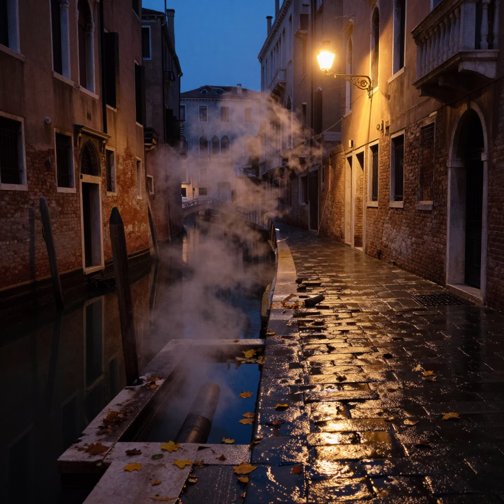 Venice Italy Predawn Canal Scene with Steam and Wet Cobblestones in in Venice, Italy