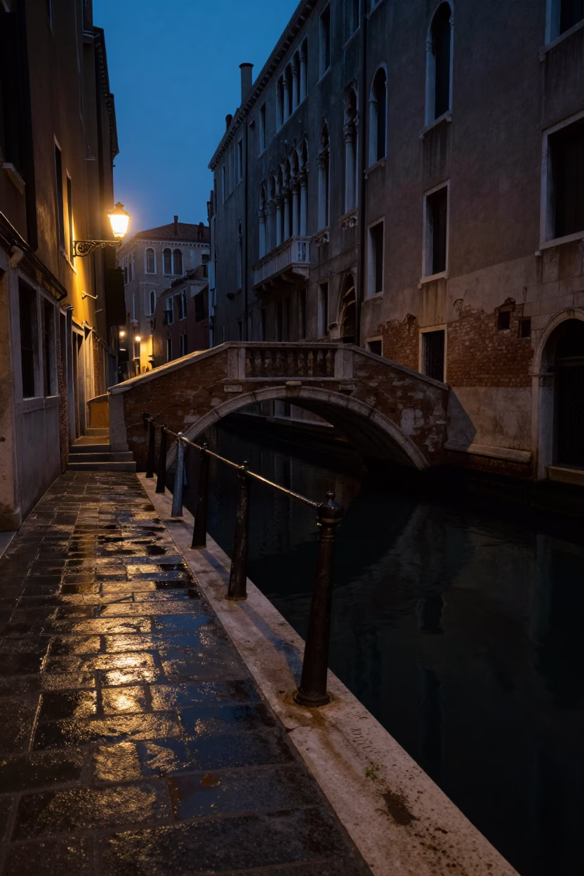 Venice Italy Predawn Canal Scene with Wet Cobblestones and Iron Deadbolt in in Venice, Italy